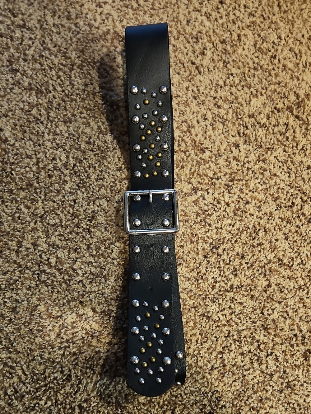 Black Leather Stud Belt with Silver Buckle and Gold Accents